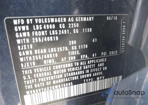 2016 Volkswagen Tiguan R-Line из США, поврежденный, VIN WVGBV7AX2GW616865